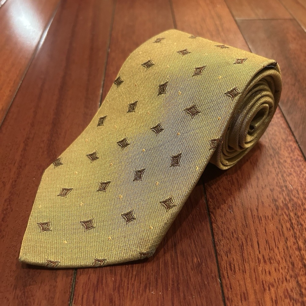 ERMENEGILDO ZEGNA Men's Silk & Wool Blend Neckie Geometric Tie Gold Khaki